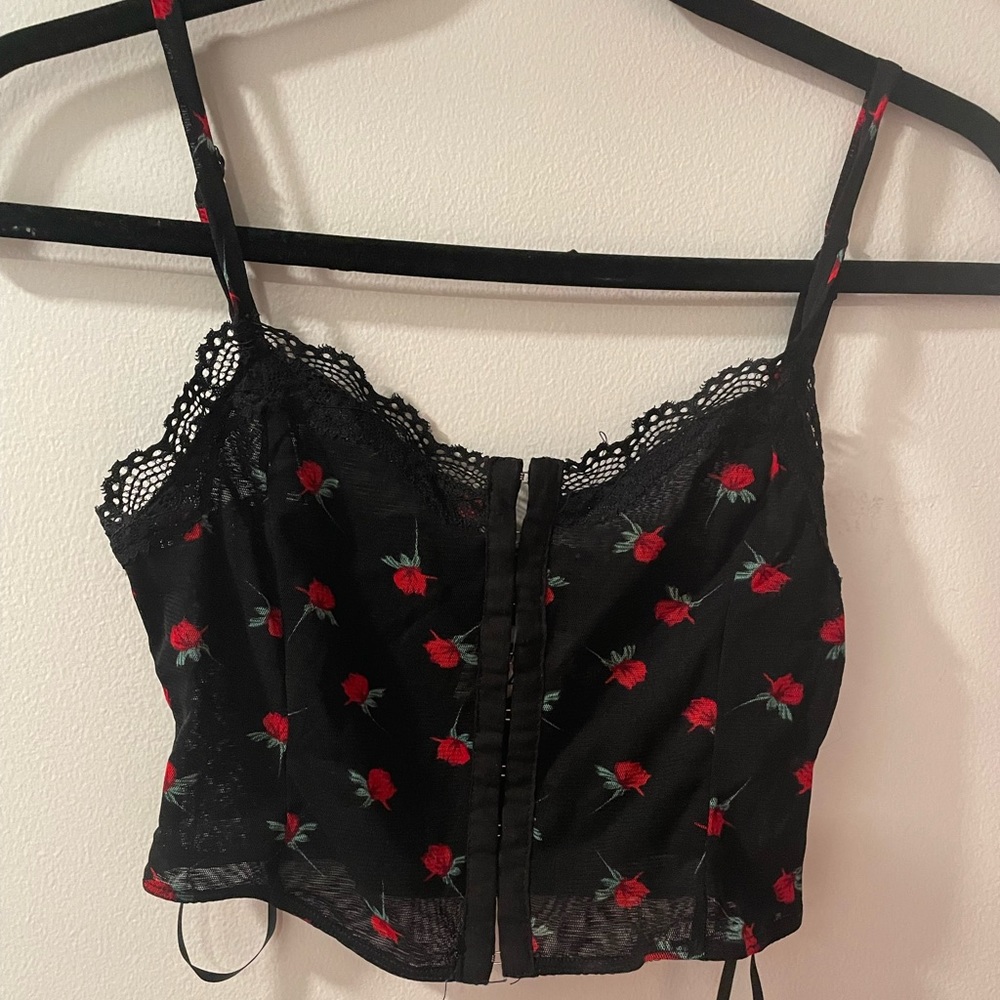 Mesh rose-print Princess Polly tank top. Hook-and-eye closure in the front